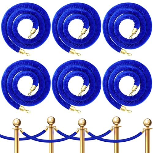 Fumete 6 Pieces Velvet Stanchion Rope Bulk 6.5 Feet Crowd Control Barriers Safety Velvet Rope with Polished Gold Hooks for Party Openings, Not Include Stanchion Post(Blue) - color: Blue