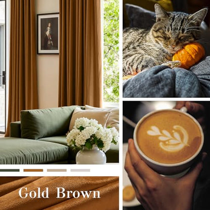 Lazzzy Extra Long Golden Brown Velvet Curtains 52×108 Inch 2 Panels | Soft Velvet, For Tall Windows & High Ceilings, Light Shifting Texture, Elegant Luxury Drape, Rich, Rod Pocket - color: R | Gold Brown, size: 52"W x 108"L (Pack of 2)