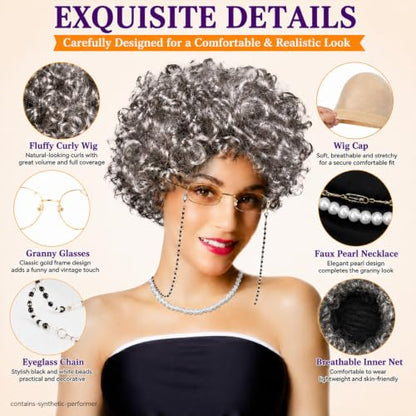 MAQIHAN Granny Wig Set - Light Gray Old Lady Wig with Glasses Cap | Synthetic Elderly Woman Costume Accessories with Faux Pearl Necklace for Halloween Cosplay, Funny Old Lady Outfit Party - color: Gray