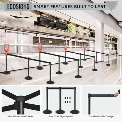 ECOSlGNS Commercial Crowd Control Stanchions with Retractable Belts - Black Stanchions with Heavy-Duty Base & Sign Holders line dividers for Airport, Theaters, Banks & Retail Stores (6 Pack) - color: Black- 6 Packs