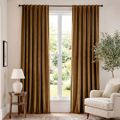 Lazzzy Blackout Golden Brown Velvet Curtains Rod Pocket 52×96 Inch 2 Panels | Soft Velvet, For Bedroom & Living Space, Light Shifting Texture, Elegant Luxury Drape, Rich - color: R | Gold Brown, size: 52"W x 96"L (Pack of 2)