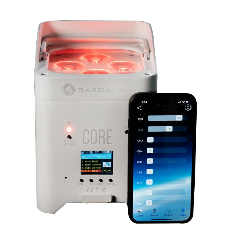 Rasha Professional Core Wireless Uplighting RGBAW+UV LED Par – 10-Hour Battery, WiFi & DMX Control, App-Enabled, Smartphone Operated, Sound-Active for Weddings, Events, Clubs, DJ & Corporate