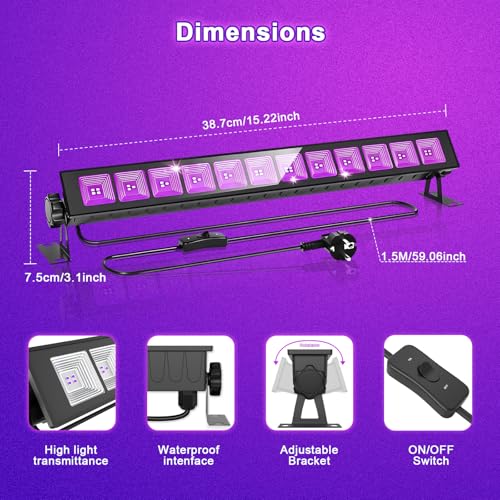 CREATESTAR 2 Pack LED Black Light Bar 45W, IP66 Waterproof Blacklight with Plug & Switch, Black Light for Glow Party, Halloween Decorations, Fluorescent Poster, Body Paint, Bedroom, Classroom