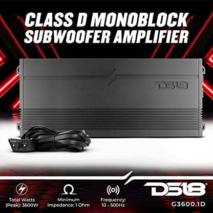 DS18 G3600.1D Car Audio Amplifier 1-Channel Class D Monoblock 3600 Watts - Remote BASS Knob Included - Compact Design Easy Installation - Extremely Powerful Amp for Vehicle Sound Systems… - style: 3600 Watts Monoblock