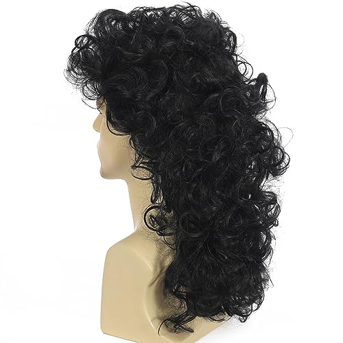 Curly Mullet Wigs for Men 80s Black Long Curly Wigs Hippie Rocking 80s Party Cosplay Costume Anime Heat Resistant Synthetic Hair Wig 70's Wig - color: E-Black
