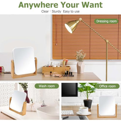 LFOYOU Vanity Makeup Mirror with Natural Bamboo Stand, Double Sided 360 Degree Swivel Magnifying Mirror, Tabletop Magnified Make up Mirror for Bathroom or Bedroom 8 Inch - size: 8"L x 7.1"W