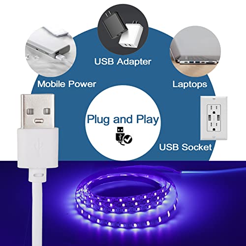 6.6FT/2M LED Black Light Strip - 120 Units LED UV Wick 395-400nm, USB DC 5V Flexible Blacklight Fixtures, 10W Blacklight Strip for Indoor Decor, Glow Poster, Bedroom, Playroom, Halloween, Dark Party