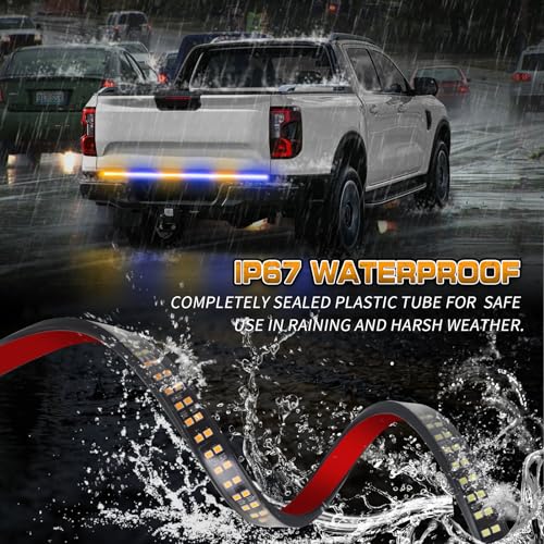 XRIDONSEN 48 inch 288 LED Tailgate Strobe Lights Rear Emergency Lights | Amber Blue Flashing Warning Hazard Caution Safety Light Strip for Tow Plow Trucks Construction Vehicles Pickup Trailer - color: Amber/Blue