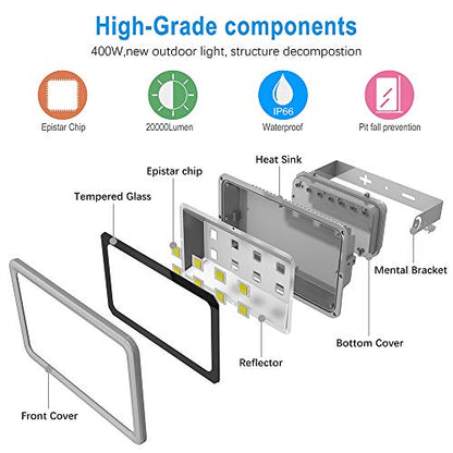 400W LED Flood Light Outdoor,2400W Equivalent 40000LM 6000K Daylight White Super Bright FloodLight with Plug,85-285V IP66 Waterproof Commercial Lighting for Fields,Counts,Arena,Stadium - color: 400W-Silver
