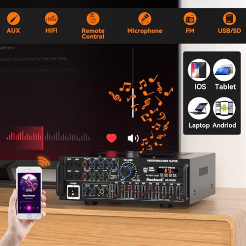 2000W Stereo Audio Amplifier for Home Theater, Car Audio, Karaoke, Party, Outdoor Camping with Multiple Input Modes EQ Mixer, Mic Input, Remote Control, 2.0 Channel