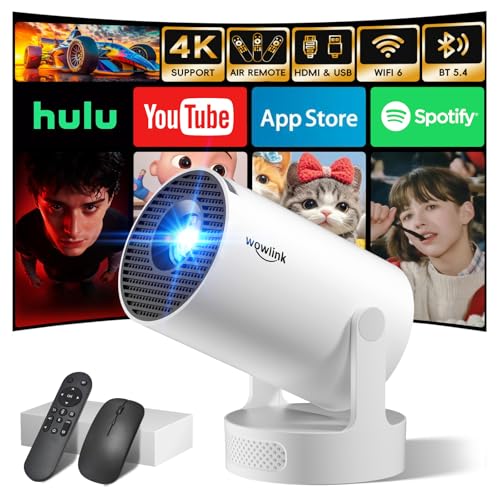 [Built-in App & 2026 Upgraded] Mini Projector with WiFi 6 and Bluetooth 5.4 | Support 4K 1080P Auto Keystone 180° Rotatable Projector Portable Compatibile with HDMI/TV Stick/Memory Stick/Laptop, White - color: White