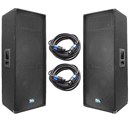 Seismic Audio - SA-155T-PKG22 - Pair of Dual 15" DJ Speakers with Two 35' Speaker Cables - Dual 15 Inch DJ Loudspeakers Club Speakers