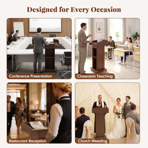 Portable Podium Stand with Metal Wheels Wooden Rolling Lectern Podiums Mobile Pulpit with Drawer Host Stand Reception Desk for Church Office Classroom Conference Restaurant, Brown - color: Brown
