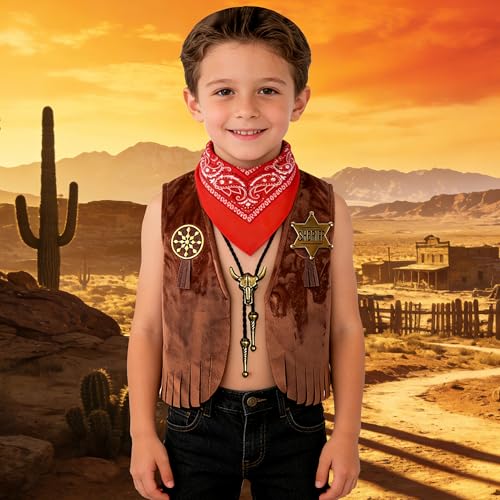 Kids Cowboy Costume - Western Dress Up Outfit for Boys Girls 3-10Y | 4pc costume & accessories set with cowboy vest, bandana, badge & bolo tie, for Halloween, career day & birthday pretend play - size: 6-7T Height 45.28" - 49.21"