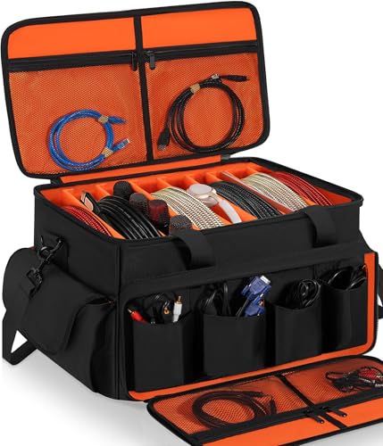 IBVIVIC Large DJ Cable File Bag, Travel Gig Bag with 8 Adjustable Dividers - color: Orange Black, size: 20L x 11.8W x 11.8H inch