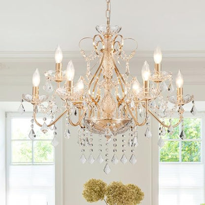 Saint Mossi Gold Crystal Chandelier for Dining Room, 9-Light Modern Chandelier Pendant Light, French Gold Crystal Raindrop Chandelier for Bedroom, Living Room, Foyer, H19 x D24 - color: French Gold 9-Light