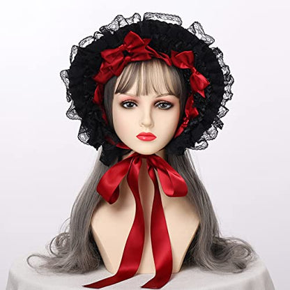 COSDREAMER Girls Women Victorian Bonnets Lace Flowers Tea Party Hats - color: Black Red