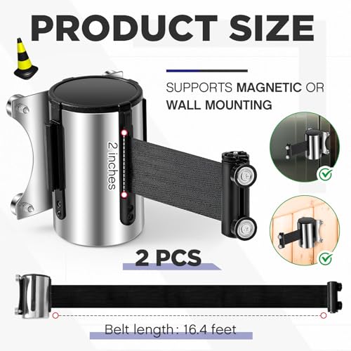 2 Pcs Retractable Belt Barrier Wall Mount Magnetic Retractable Wall Barrier with Stainless Steel Case for Grocery Retail Store Stadium (Black)