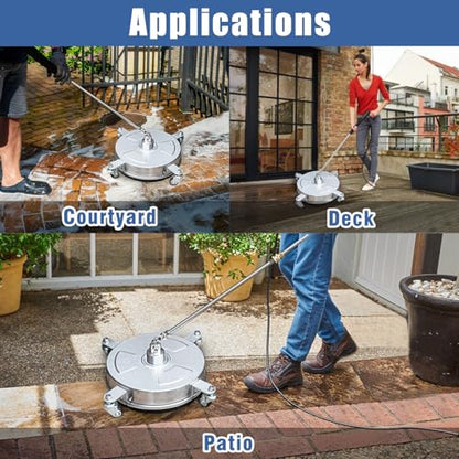 JANZ 14'' Pressure Washer Surface Cleaner | 4 Wheels, Stainless Steel Housing, 1/4'' Quick Plug, 2 Extension Wands, 2 Replacement Nozzles and 3 Spray Nozzles,4000 PSI - size: 14 Inch Silvery White