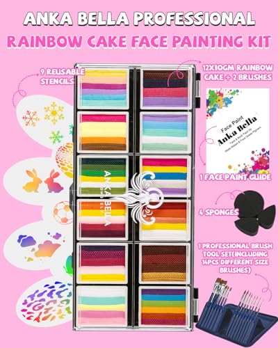 Anka Bella Professional Face Painting Kit for Kids Adults,Water Activated Split Cake Face Paint(12x10gm),Non-Toxic Face Paint Palette for Birthday Parties/Halloween/Carnival - color: Macaron Rainbow Cake