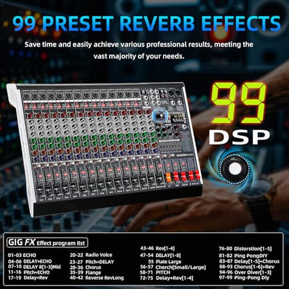 16 Channel Audio Mixer Professional Sound Mixing Board with 99 DSP Effects, 7-band EQ Digital DJ Mixer Console w/USB Bluetooth MP3 for Recording, Independent 48V Power & Mute Button - size: 16 Channel - 22.1inch