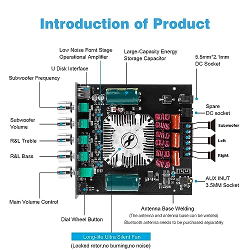 ZK-HT21 TDA7498E Bluetooth Amplifier Board 160W×2+220W Subwoofer 2.1 Channel Audio Receiver Power Amplifier Module with Treble and Bass Control for DIY Speakers - style: ZK-HT21