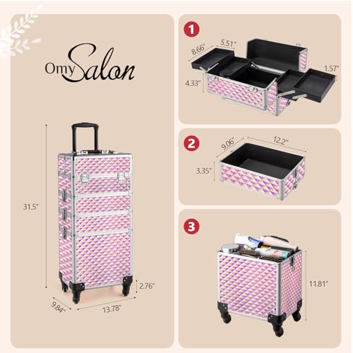 mefeir 4-in-1 Rolling Makeup Train Case Lift Handle,4 Removable Wheels Lockable Keys,Aluminum Cosmetic Trolley Beauty Stylist Artist Organizer Box,Ideal Xmas New Year Gift (Diamond Pink) - color: Diamond Pink