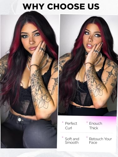 Quantum Love Long Curly Wig for Women Long Wavy Black Mix Red Wigs 28Inch Natural Looking Synthetic Fashion Color Hair for Cosplay Halloween Daily Party Use - color: Mix Red
