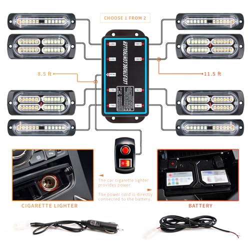 8-pcs Sync Feature LED Emergency Strobe Lights Ultra Slim Grille Surface Mount Flashing Warning Hazard Light Bar w/Controller for Construction, Trucks, Vehicles, Car (B/W) - color: B/W, size: 8×4.5in