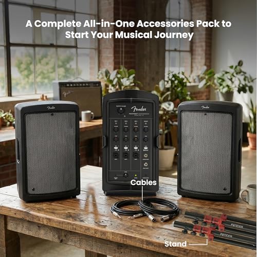 Fender Passport Conference S2 Portable PA System Bundle with Compact Speaker Stands, XLR Cable, and Instrument Cable