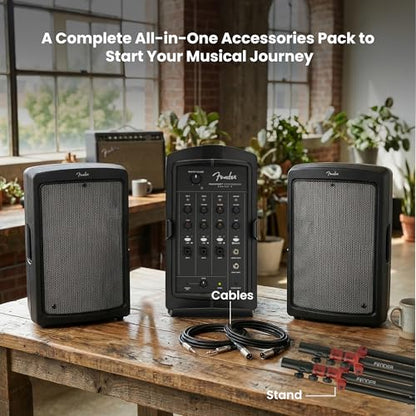 Fender Passport Conference S2 Portable PA System Bundle with Compact Speaker Stands, XLR Cable, and Instrument Cable