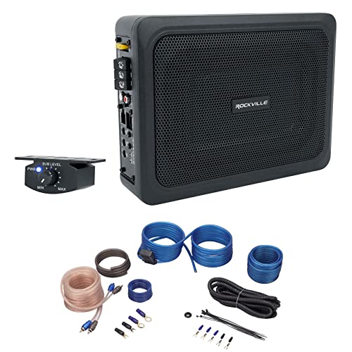 Rockville RW68CA 6x8 Slim Under-Seat Powered Car Subwoofer with RWK10 Kit | 400W Peak / 100W RMS, 2.83" High, RCA and High-Level Inputs, Auto Turn-On, Bass Knob, RWK10 10 AWG Wire Kit, 2-Items