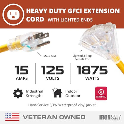 Iron Forge Cable 50 Foot Lighted Outdoor Extension Cord with 3 Electrical Power Outlets - 12/3 SJTW Heavy Duty Yellow Extension Cable with 3 Prong Grounded Plug for Safety, 15 AMP - size: 50 ft