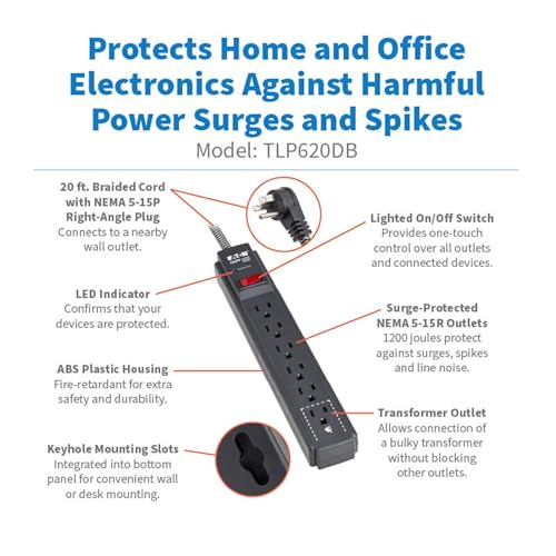 Eaton Tripp Lite Series 6-Outlet Surge Protector Power Strip, Flat Plug 20ft Braided Extension Cord, 1200 Joules, 15A Circuit Breaker, Lifetime Manufacturer's Warranty & $10,000 Insurance (TLP620DB) - size: 20ft Cord