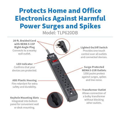 Eaton Tripp Lite Series 6-Outlet Surge Protector Power Strip, Flat Plug 20ft Braided Extension Cord, 1200 Joules, 15A Circuit Breaker, Lifetime Manufacturer's Warranty & $10,000 Insurance (TLP620DB) - size: 20ft Cord