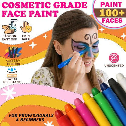 Jim&Gloria Face Paint Kit with Stencils, 8 Large Professional Face Painting Kit, Washable Body Paint Makeup, Skin Color Crayons Facepaint Sticks for Cosplay, Costume Party Gifts