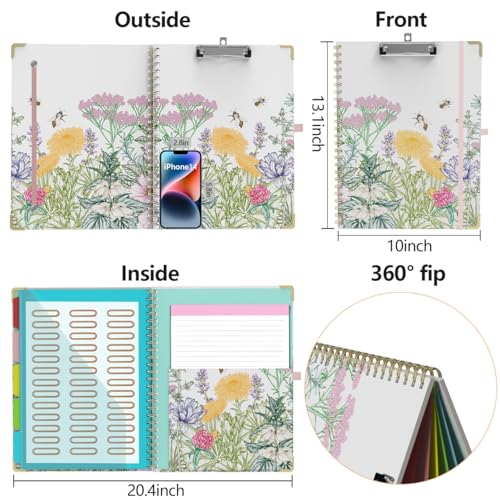 Clipboard Folio with Storage 8.5 X 11 Padfolio Notebook, Clipboards with Notepad Spiral with 10 Pockets and 5 Folders Nursing Teacher School Essentials (Wild Flowers) - color: Wild Flowers