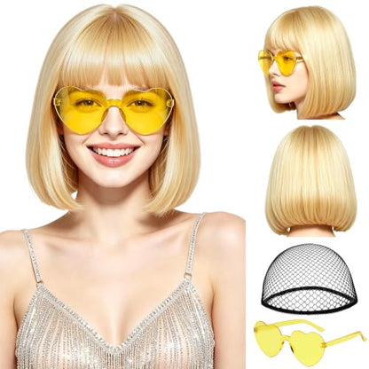 Short Bob Straight Hair Wigs with Bangs, Synthetic Fiber Colorful Hair, Heart-shaped Sunglasses for Women (Light Gold) - color: Light Gold