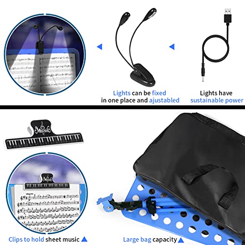 lotmusic Blue Music Stand, Portable Music Sheet Stand, Foldable and Height-Adjustable Music Stand with Bag, Sheet Music Clip, Light, Suitable for Playing Musical Instruments and Traveling Out - color: Blue Music stand