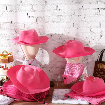 Hillban 48 Pack Cowboy Hats and Bandanas Set, Felt Plastic Cowgirl Hats for Women Men Cowboy Western Party Supplies(Pink, White) - color: Pink, White