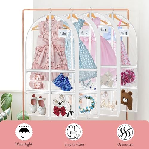 4 Pack 40" Clear Dance Garment Bags for Costumes Hanging, with 4 Medium Clear Zipper Pockets and 1 Large Back Zipper Pocket, Clothes Protector Cover for Travel Competition [Upgraded Version]