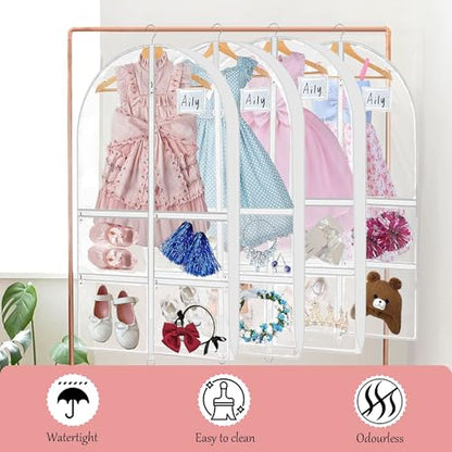 4 Pack 40" Clear Dance Garment Bags for Costumes Hanging, with 4 Medium Clear Zipper Pockets and 1 Large Back Zipper Pocket, Clothes Protector Cover for Travel Competition [Upgraded Version]