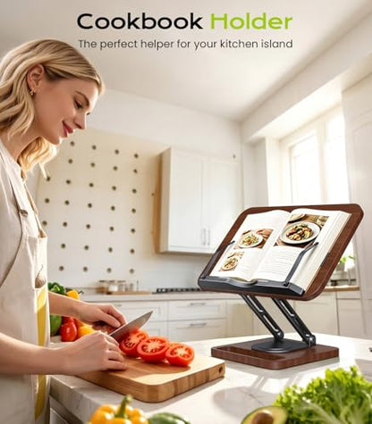 LOXP Book Stand with Storage, 360° Rotating Cookbook Stand, Ergonomic | Adjustable height angle,Hands-free, anti-slip base, Elastic Page Clips for Laptop Tablet, Foldable for Kitchen School