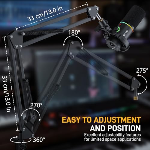 MAONO Boom Arm Microphone Stand: Adjustable Metal Suspension Mic Boom Arm for Podcast Gaming Streaming Recording,with Desk Clamp and 3/8" to 5/8" Screw Adapter-Max Load 1KG BA20 Black | 1kg max load, 3/8 to 5/8 adapter, suspension design, podcast gaming s