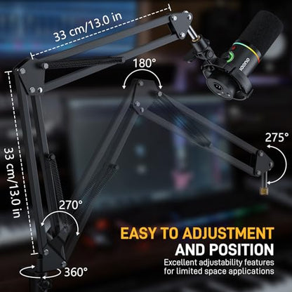 MAONO Boom Arm Microphone Stand: Adjustable Metal Suspension Mic Boom Arm for Podcast Gaming Streaming Recording,with Desk Clamp and 3/8" to 5/8" Screw Adapter-Max Load 1KG BA20 Black | 1kg max load, 3/8 to 5/8 adapter, suspension design, podcast gaming s