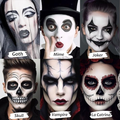 UCANBE Black White Face Body Paint with Painting Brush Kit, Cream-to-Powder Goth White Foundation + Black Greasepaint for Kids & Adult Halloween, SFX Makeup Set for Clown Skull Mime Cosplay & Costume - color: Black, White