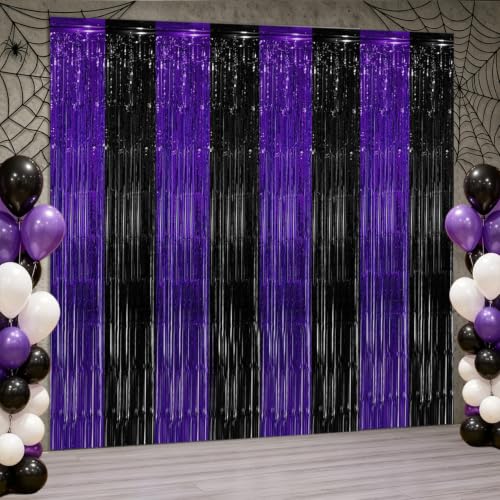 Purple Black Foil Fringe Curtains Birthday Party Decorations, 2 PCS | 3.28 x 6.56 Ft Purple Black Tinsel Streamers Backdrop Banner Photo Booth Props for Graduation Halloween Party Decor Supplies