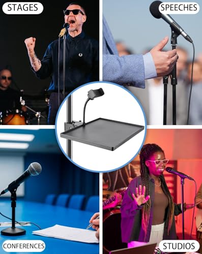 Mic Stand Tray 10.6" x 7.8" Large with Crab Clamp for Mixers & Gear | Sturdy ABS, Firm Grip, Easy ON/OFF, 5.5 lbs Capacity, Clamps on Microphone, Music, Drum Stands & Tripod, for Studio, Podcast - style: Tray with Phone Holder