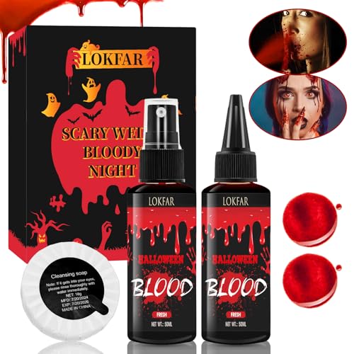 3PCS Halloween Fake Blood Makeup Kit, Fake-Blood Spray 50ML + Dripping Blood 50ML + Cleansing Soap, Fake-Blood Washable for Clothes Face Zombie Monster Vampire Cosplay SFX Makeup (Fresh + Fresh) - color: Fresh + Fresh (3PCS Kit)