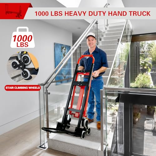3 in 1 Stair Climbing Dolly Cart with Wheels 1000LBS(Red) | Convertible Hand Truck,Stair Dolly Climber Heavy Duty with Solid Wheels for Moving,Transport in Warehouses,Factory - color: Red